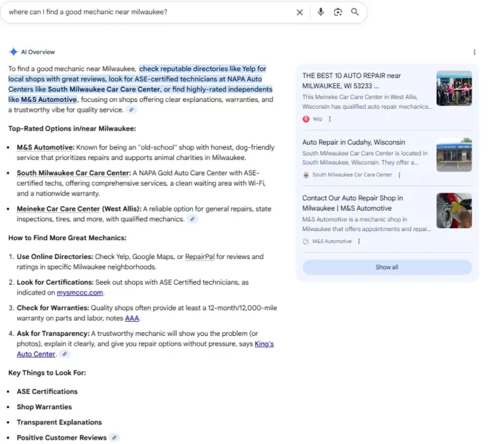 An AI chatgpt or perpley overview where we can find a good mechanic near Milkwaukee?
