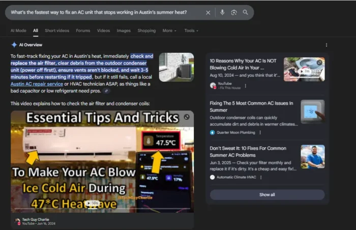 Google results for What's the fastest way to fix an AC unit thtat stops working in Austin's summer heat?