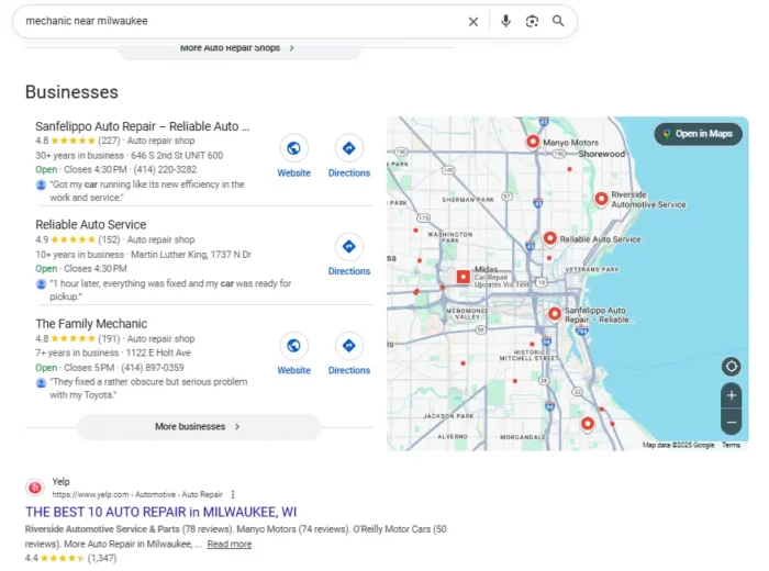 Search results for Mechanic near Milkwaukee google map local SEO search on Chatgpt LLM AI tool